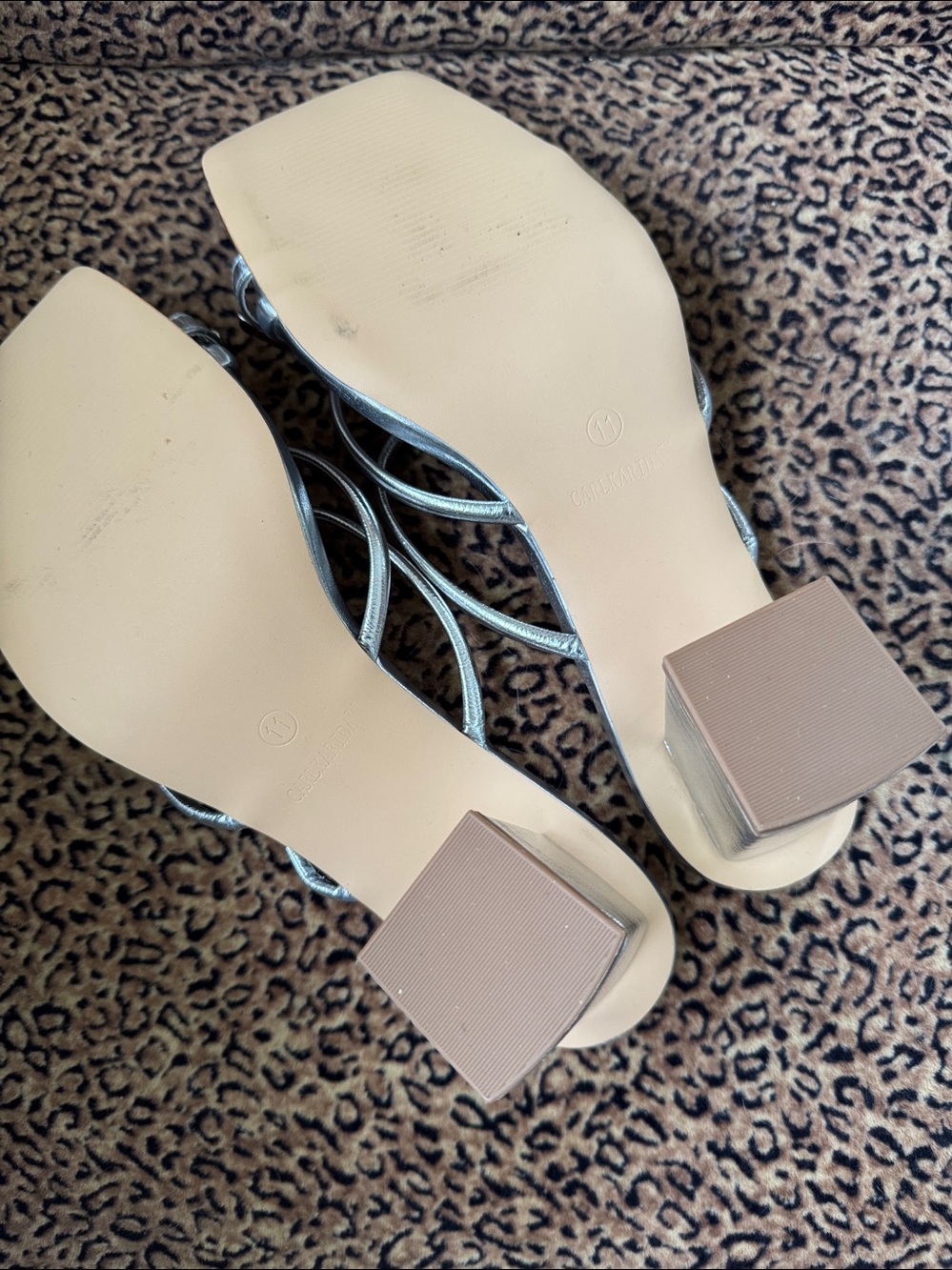 Silver Strappy Square-Toe Heeled Sandals Carlkarida NEW 11 block heel - Picture 3 of 4